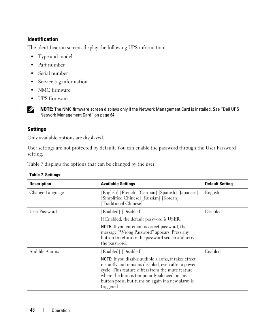 Identification, Settings, Settings 48 | Dell UPS 10000R User Manual | Page 48 / 92