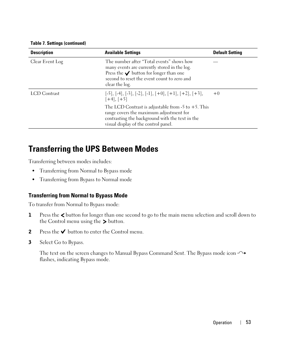 Transferring the ups between modes, Transferring from normal to bypass mode | Dell UPS 10000R User Manual | Page 53 / 92