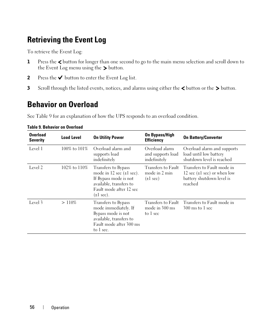 Retrieving the event log, Behavior on overload | Dell UPS 10000R User Manual | Page 56 / 92