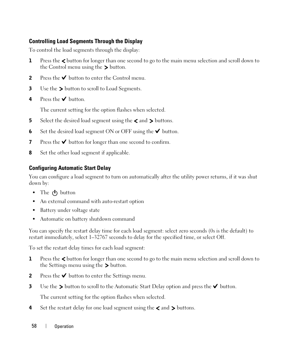 Controlling load segments through the display, Configuring automatic start delay | Dell UPS 10000R User Manual | Page 58 / 92