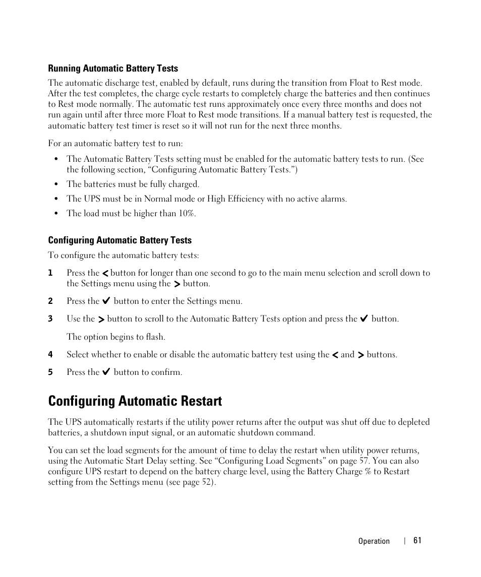Running automatic battery tests, Configuring automatic battery tests, Configuring automatic restart | Dell UPS 10000R User Manual | Page 61 / 92