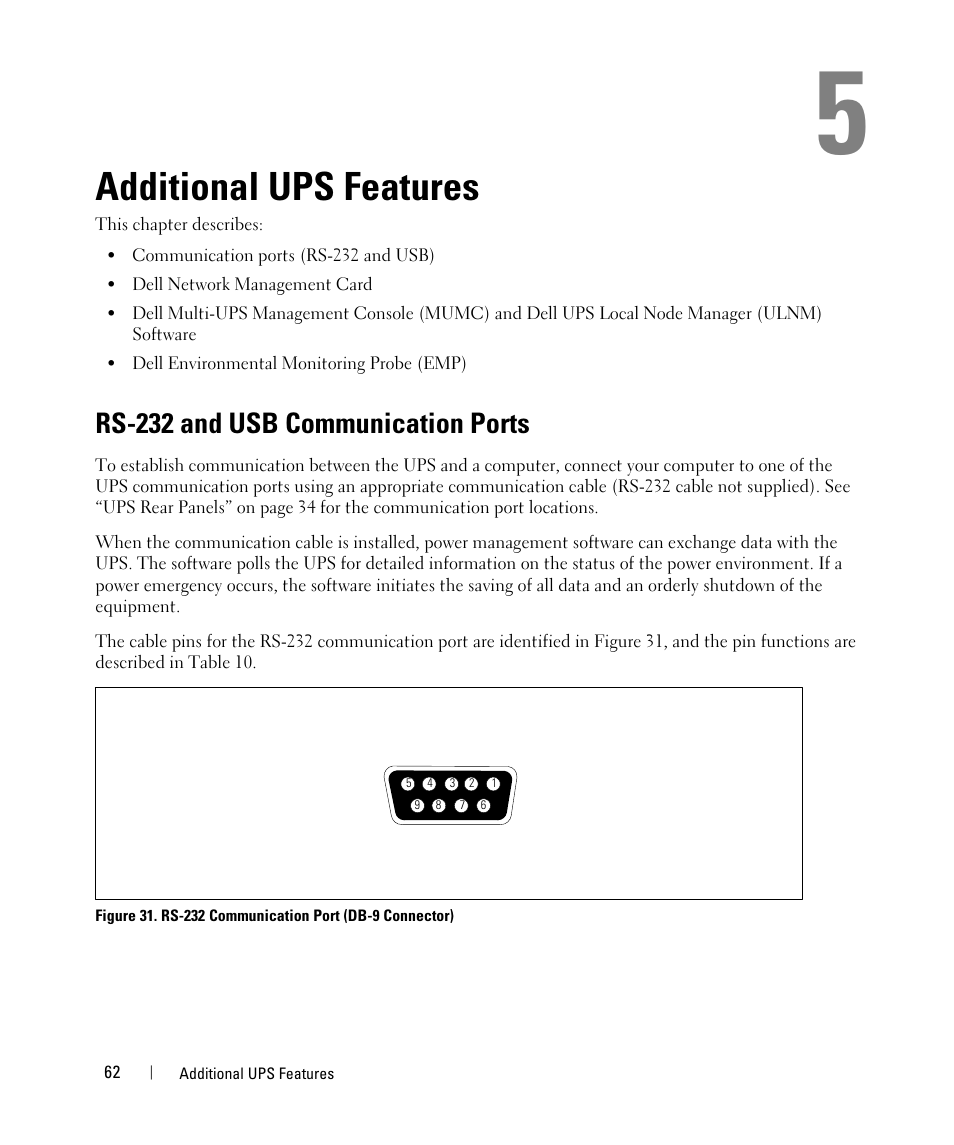 Additional ups features, Rs-232 and usb communication ports | Dell UPS 10000R User Manual | Page 62 / 92
