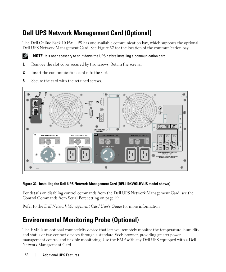Dell ups network management card (optional), Environmental monitoring probe (optional) | Dell UPS 10000R User Manual | Page 64 / 92