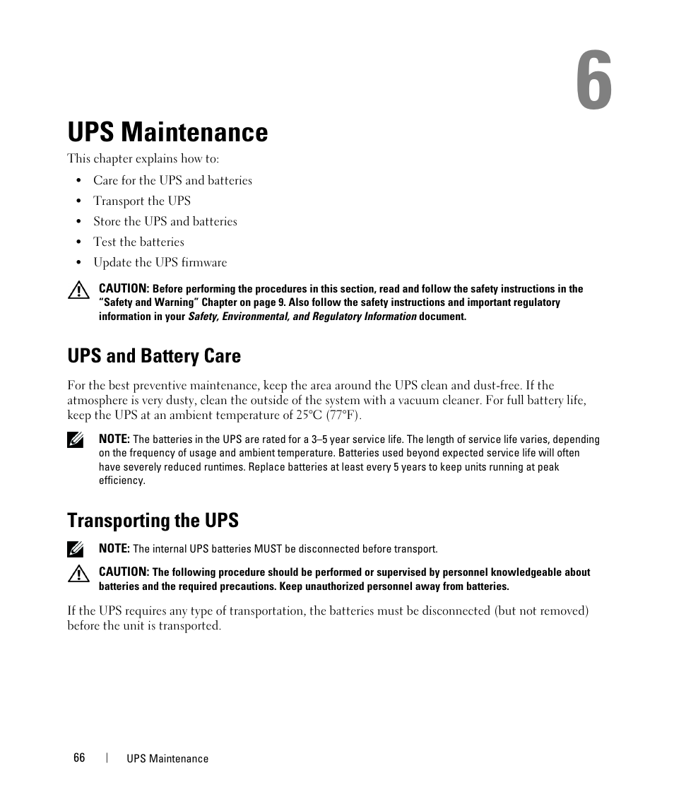 Ups maintenance, Ups and battery care, Transporting the ups | Dell UPS 10000R User Manual | Page 66 / 92
