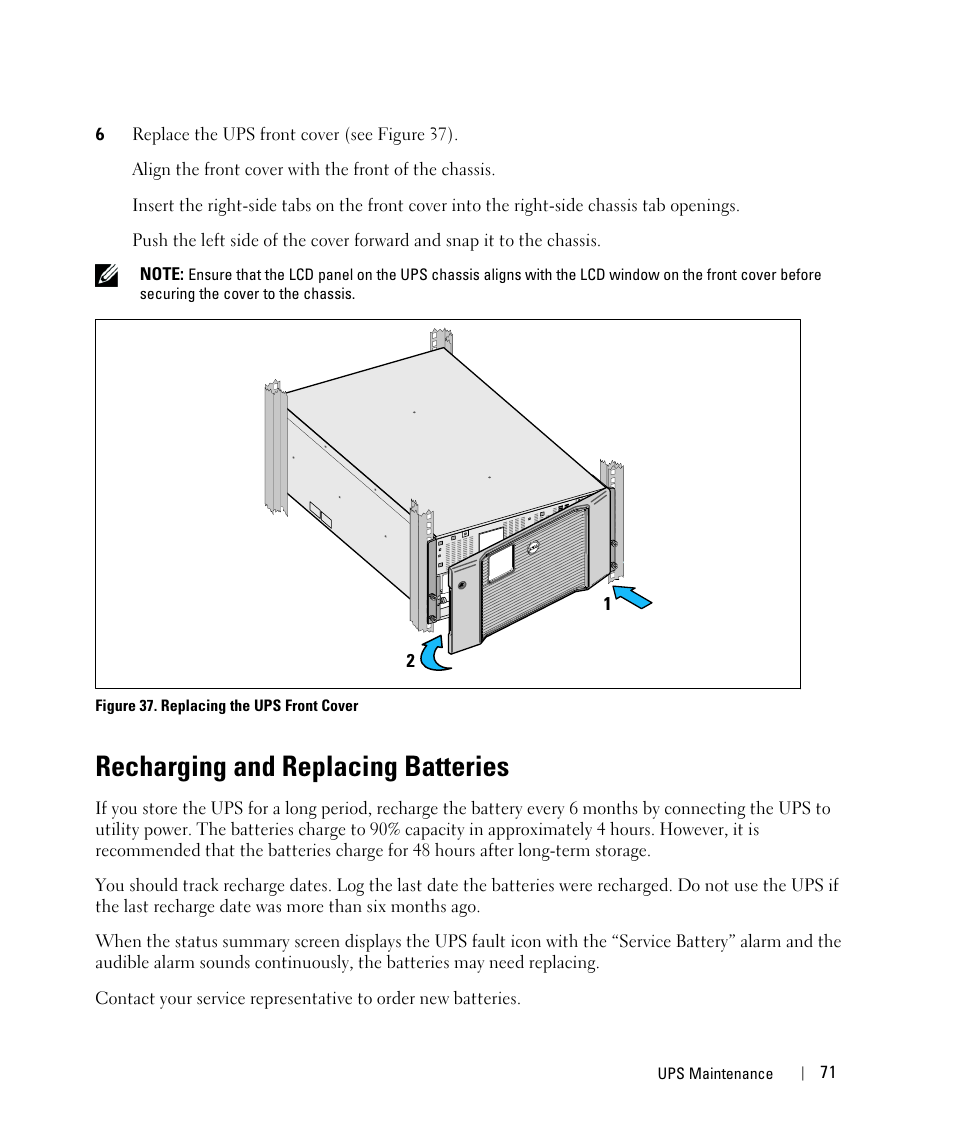 Recharging and replacing batteries | Dell UPS 10000R User Manual | Page 71 / 92