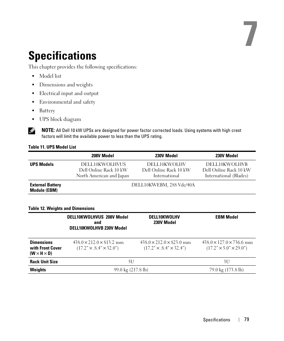 Specifications | Dell UPS 10000R User Manual | Page 79 / 92