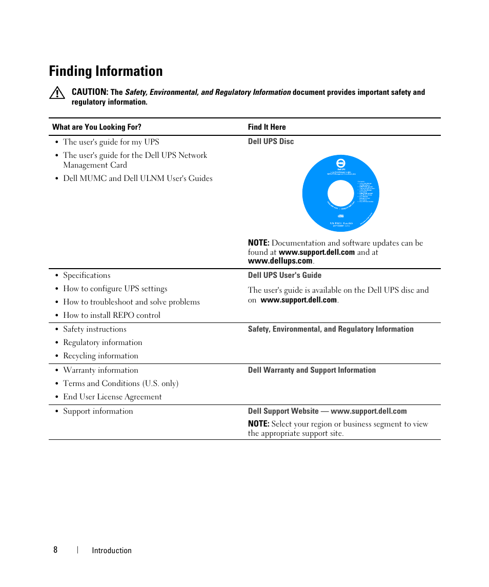 Finding information | Dell UPS 10000R User Manual | Page 8 / 92