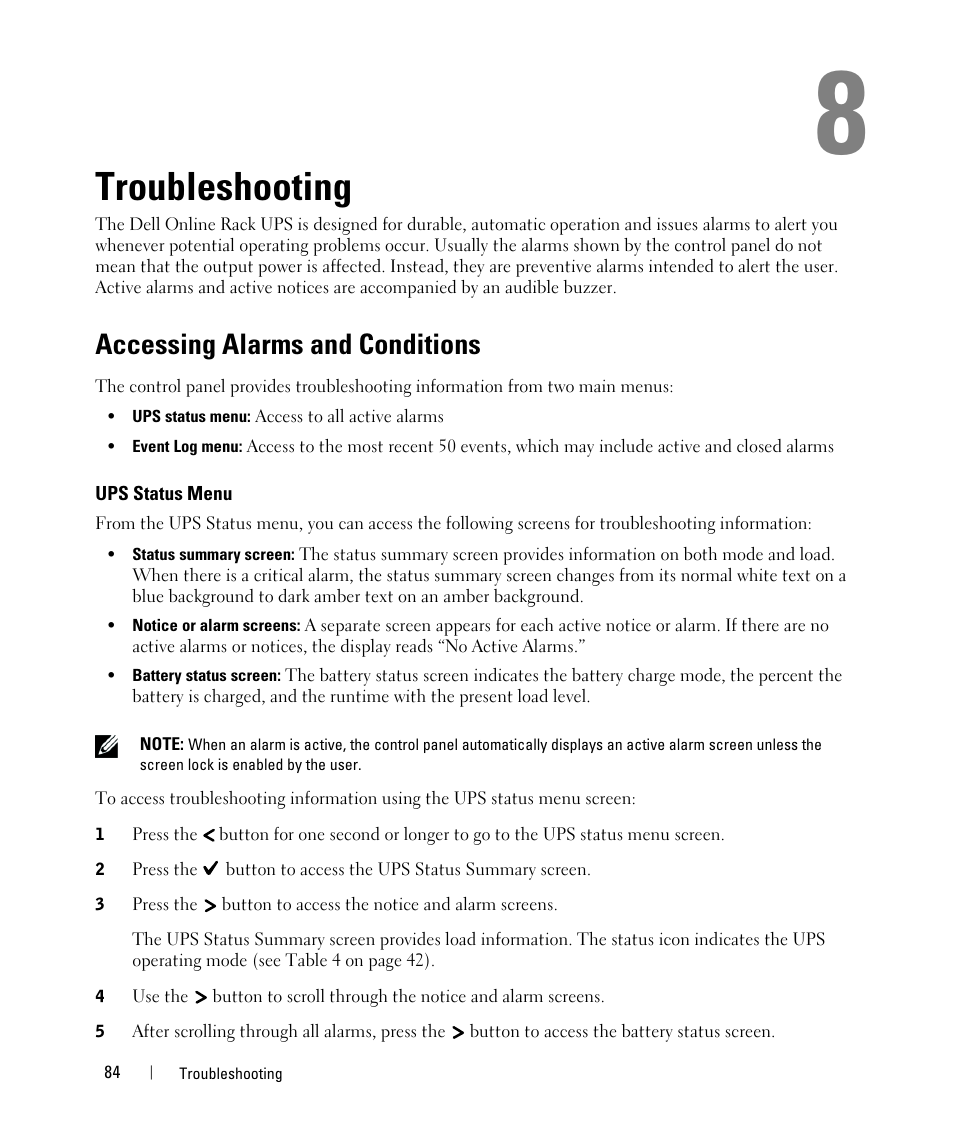 Troubleshooting, Accessing alarms and conditions, Ups status menu | Dell UPS 10000R User Manual | Page 84 / 92