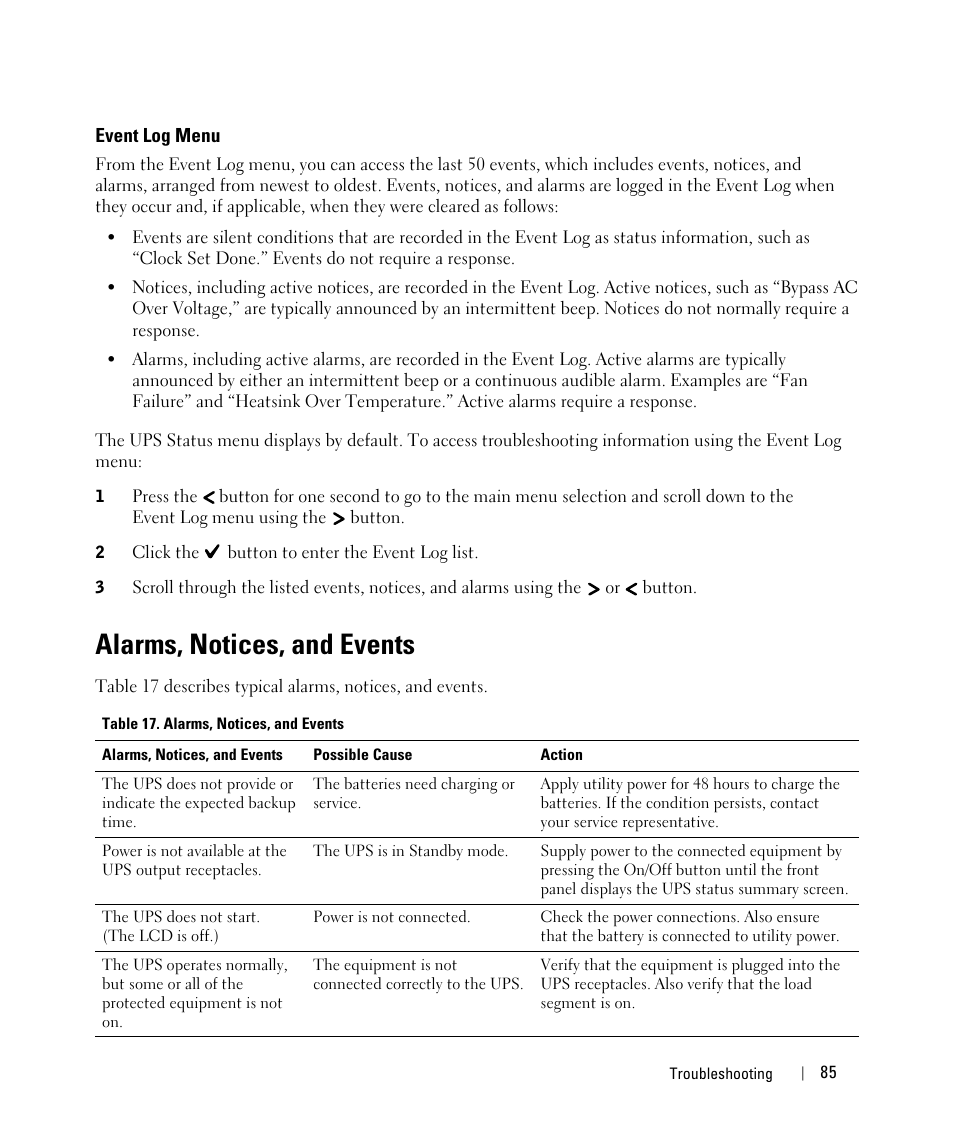 Event log menu, Alarms, notices, and events | Dell UPS 10000R User Manual | Page 85 / 92