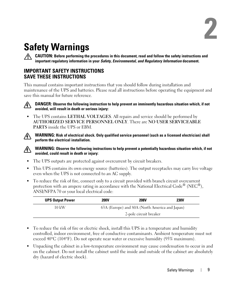 Safety warnings | Dell UPS 10000R User Manual | Page 9 / 92