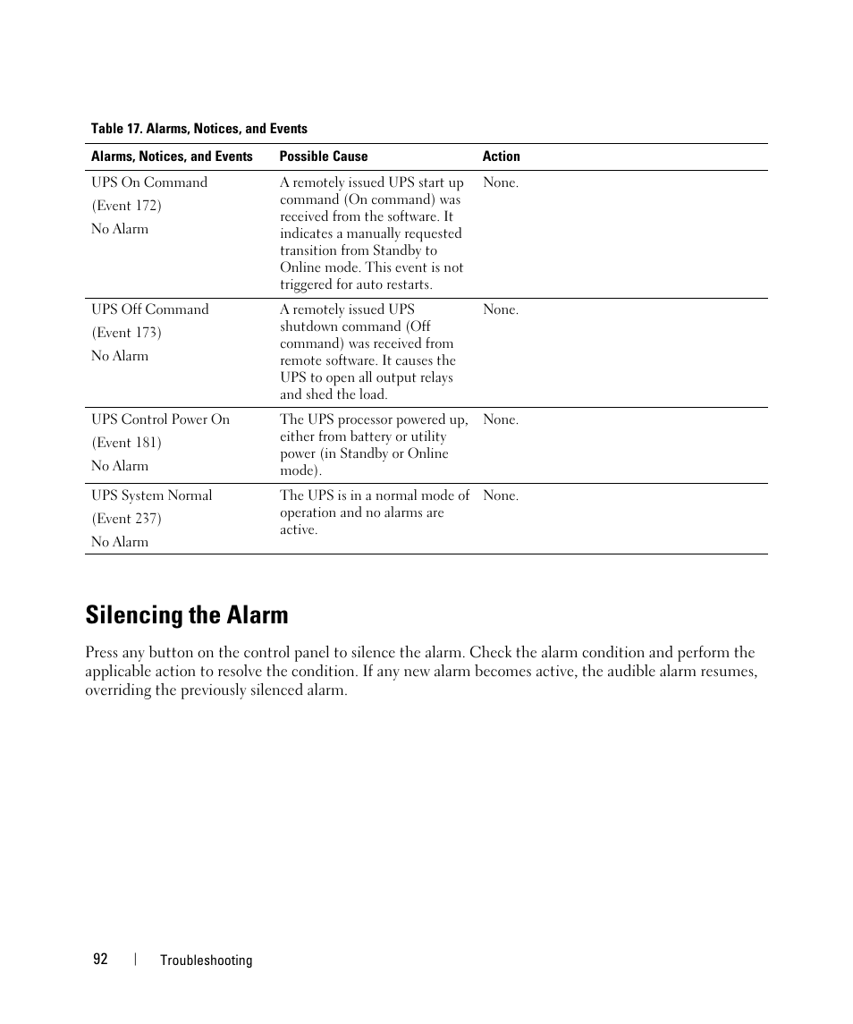 Silencing the alarm | Dell UPS 10000R User Manual | Page 92 / 92