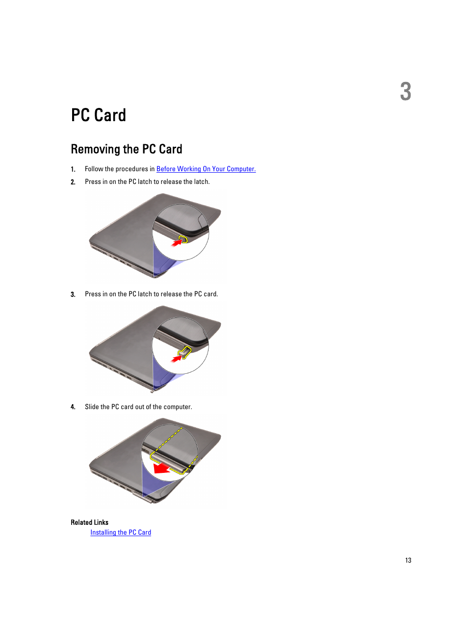 Pc card, Removing the pc card, 3 pc card | Dell Latitude E5520 (Early 2011) User Manual | Page 13 / 111