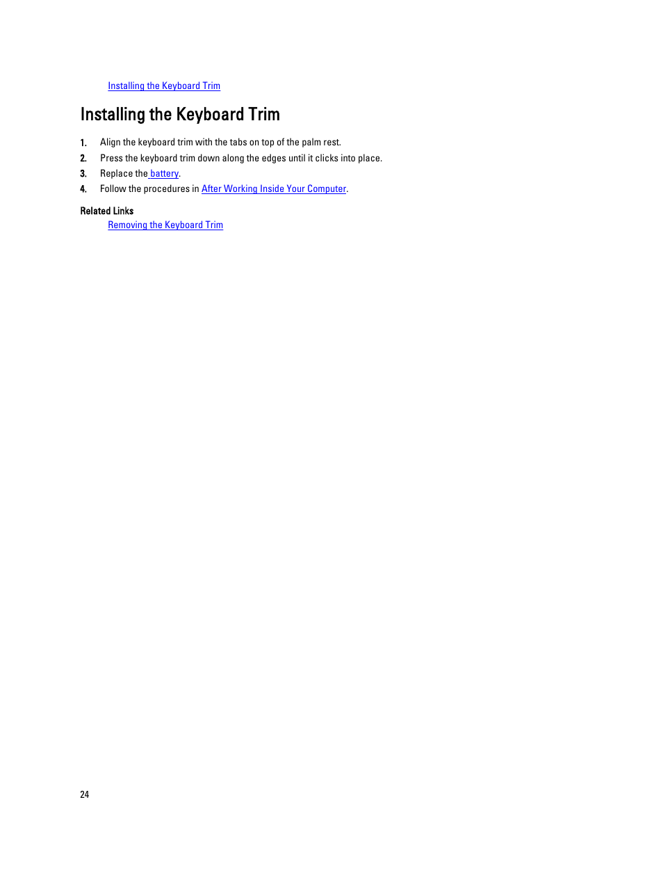 Installing the keyboard trim | Dell Latitude E5520 (Early 2011) User Manual | Page 24 / 111