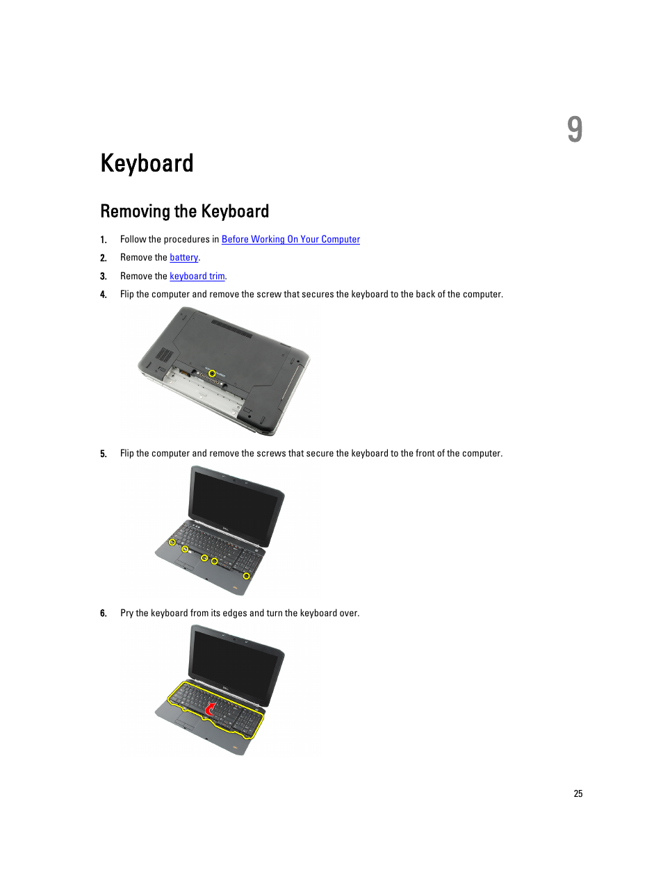 Keyboard, Removing the keyboard, 9 keyboard | Dell Latitude E5520 (Early 2011) User Manual | Page 25 / 111