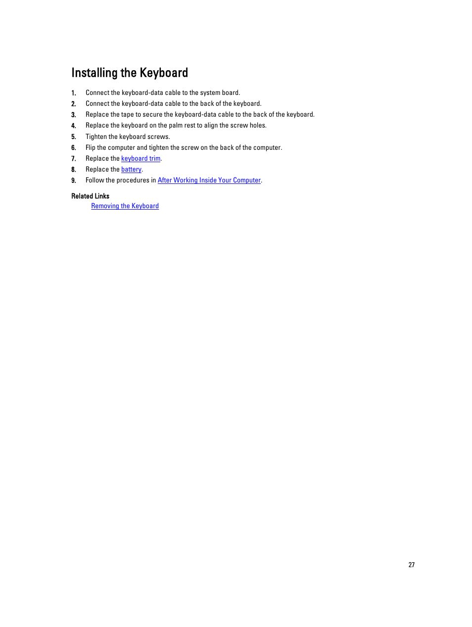 Installing the keyboard | Dell Latitude E5520 (Early 2011) User Manual | Page 27 / 111