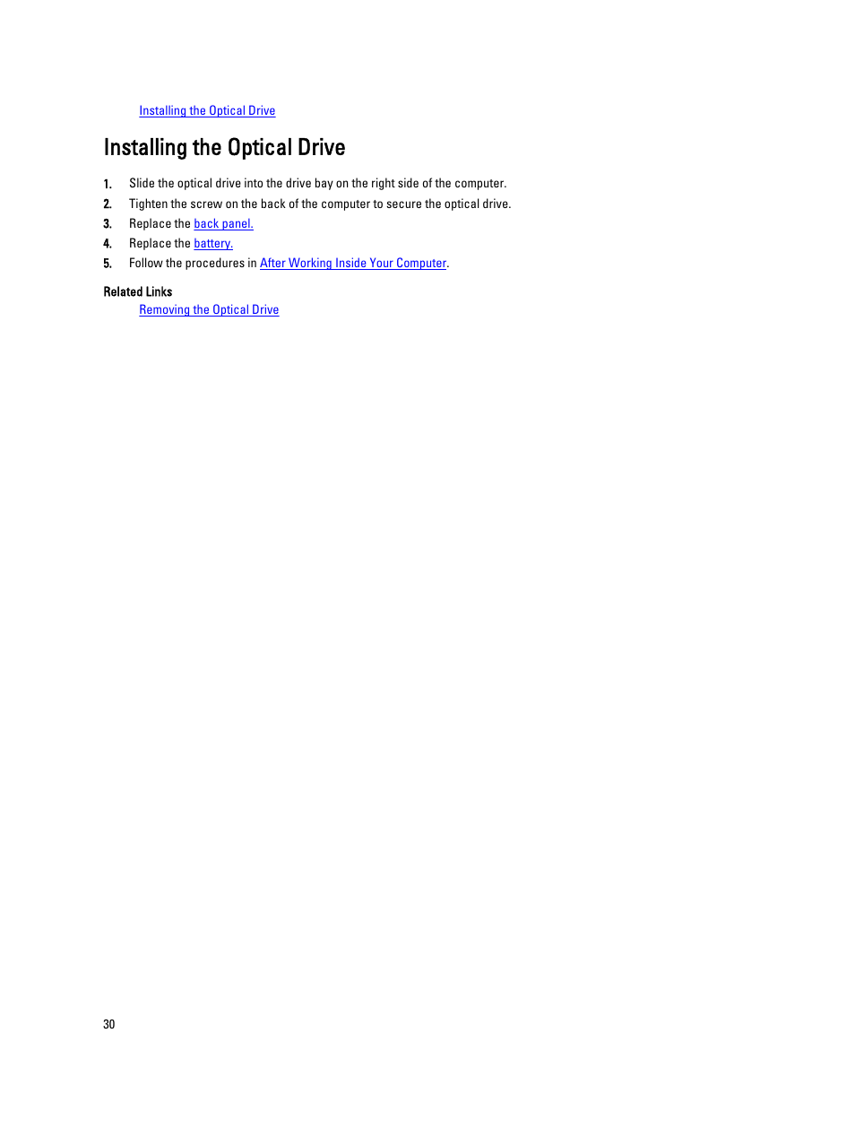Installing the optical drive | Dell Latitude E5520 (Early 2011) User Manual | Page 30 / 111