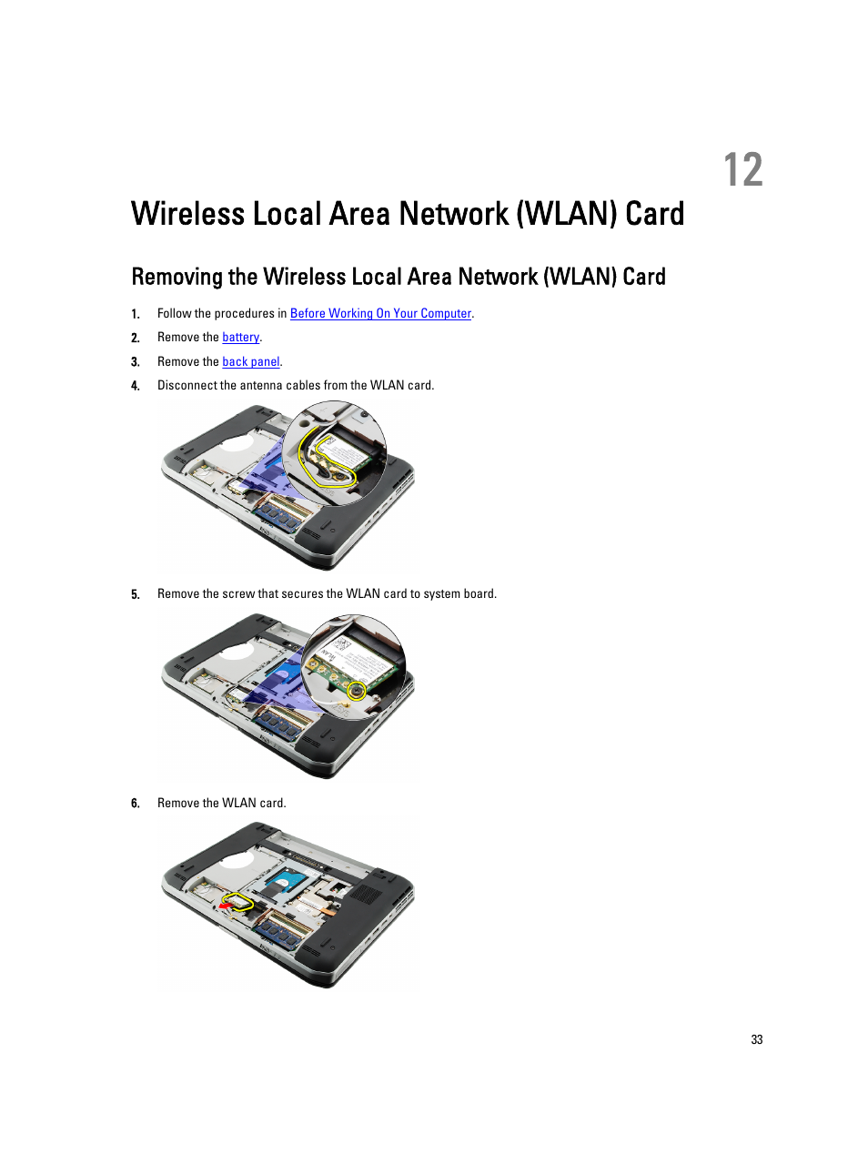 Wireless local area network (wlan) card, 12 wireless local area network (wlan) card | Dell Latitude E5520 (Early 2011) User Manual | Page 33 / 111