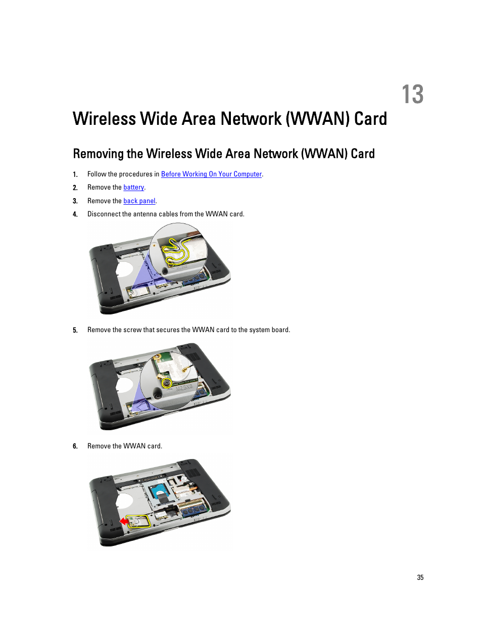 Wireless wide area network (wwan) card, 13 wireless wide area network (wwan) card | Dell Latitude E5520 (Early 2011) User Manual | Page 35 / 111