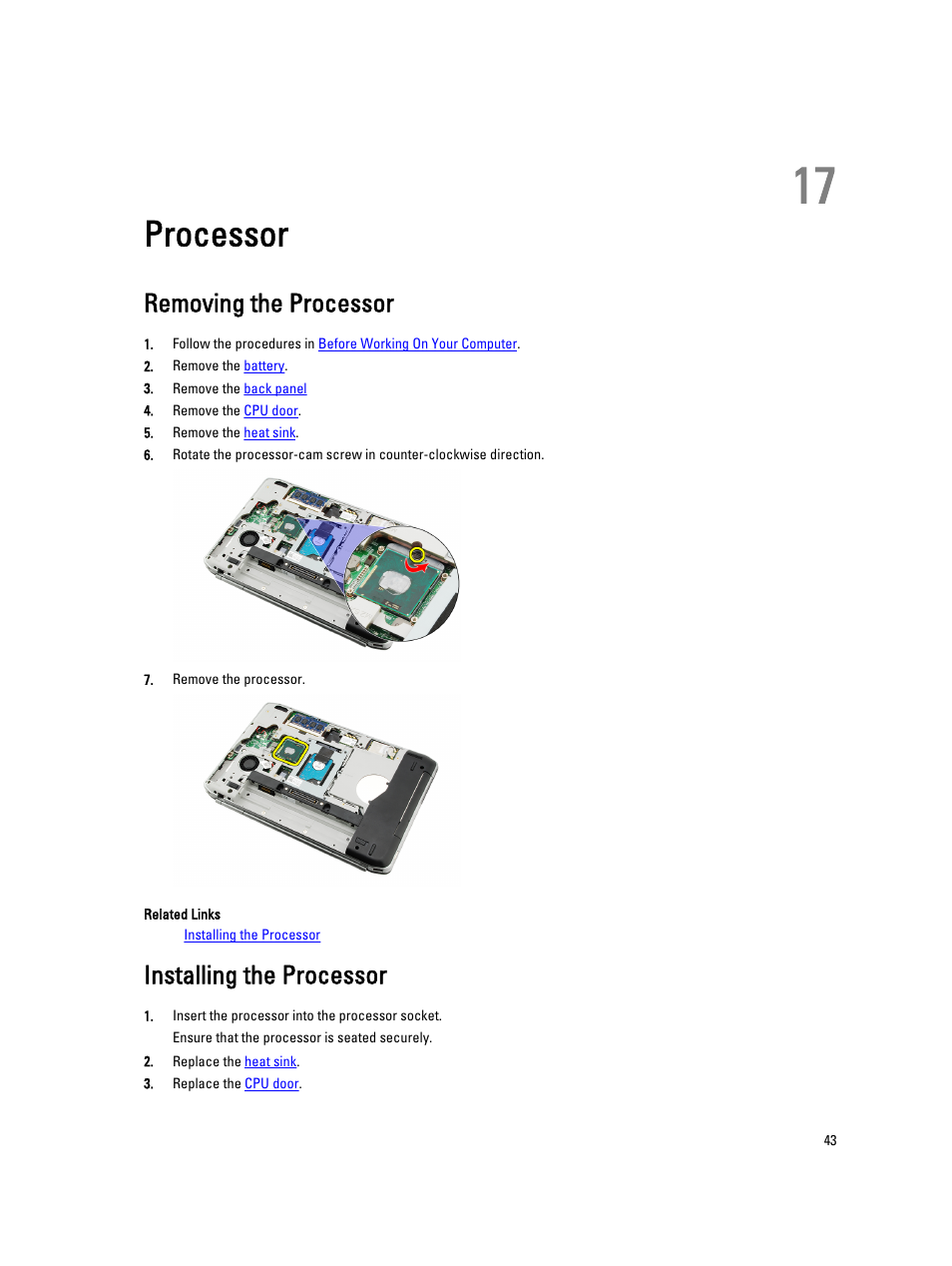 Processor, Removing the processor, Installing the processor | 17 processor | Dell Latitude E5520 (Early 2011) User Manual | Page 43 / 111