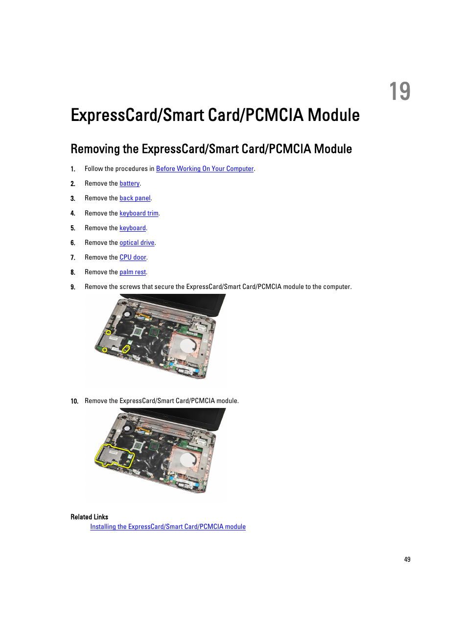 Expresscard/smart card/pcmcia module, Removing the expresscard/smart card/pcmcia module, 19 expresscard/smart card/pcmcia module | Dell Latitude E5520 (Early 2011) User Manual | Page 49 / 111