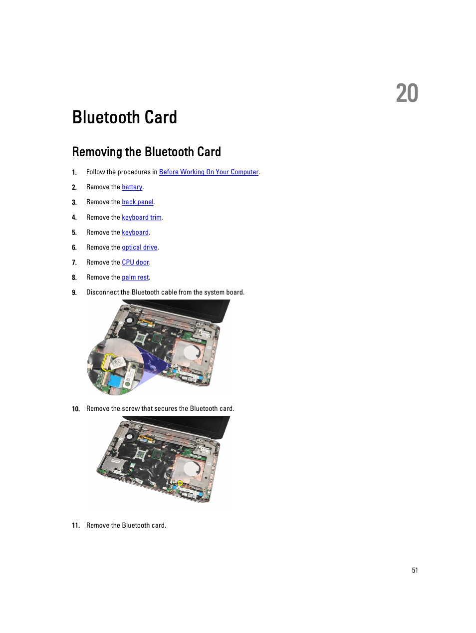 Bluetooth card, Removing the bluetooth card, 20 bluetooth card | Dell Latitude E5520 (Early 2011) User Manual | Page 51 / 111
