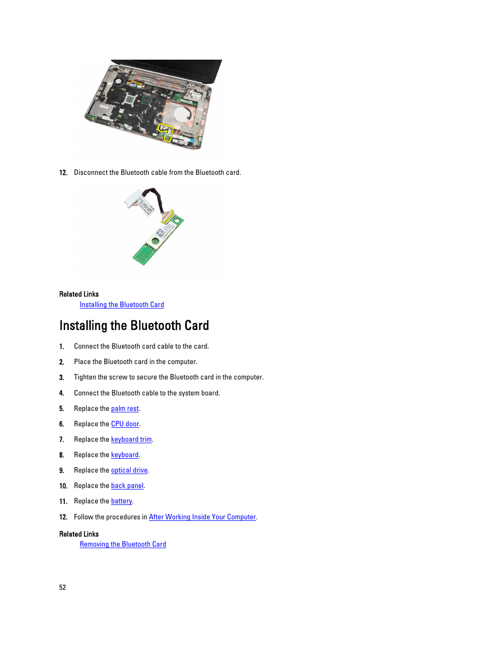 Installing the bluetooth card | Dell Latitude E5520 (Early 2011) User Manual | Page 52 / 111