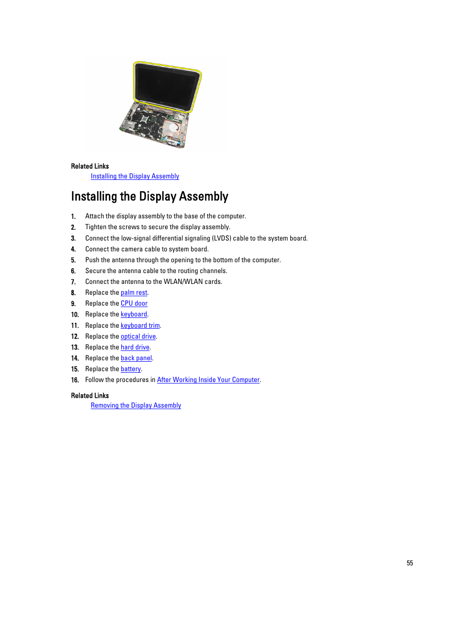 Installing the display assembly | Dell Latitude E5520 (Early 2011) User Manual | Page 55 / 111