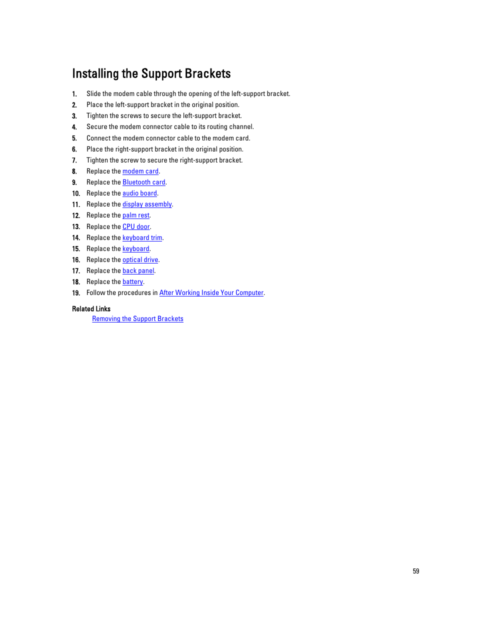 Installing the support brackets | Dell Latitude E5520 (Early 2011) User Manual | Page 59 / 111