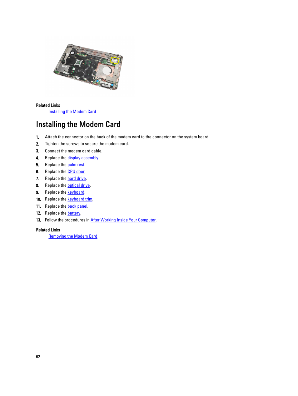 Installing the modem card, Replace the, Modem card | Dell Latitude E5520 (Early 2011) User Manual | Page 62 / 111