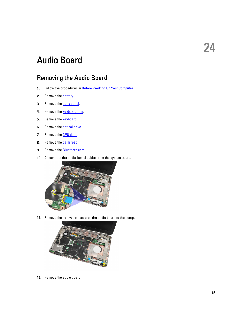 Audio board, Removing the audio board, 24 audio board | Dell Latitude E5520 (Early 2011) User Manual | Page 63 / 111