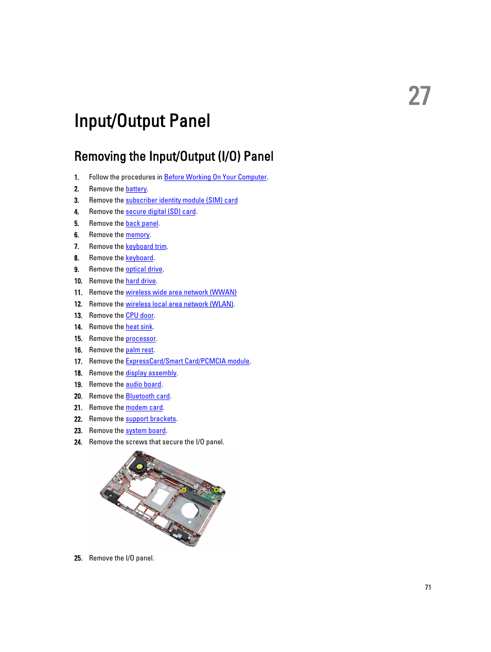Input/output panel, Removing the input/output (i/o) panel, 27 input/output panel | Dell Latitude E5520 (Early 2011) User Manual | Page 71 / 111