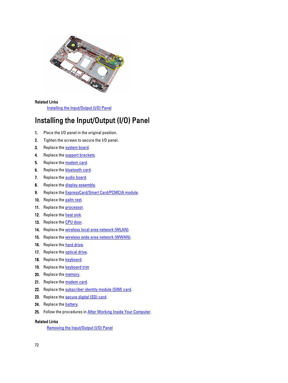Installing the input/output (i/o) panel | Dell Latitude E5520 (Early 2011) User Manual | Page 72 / 111