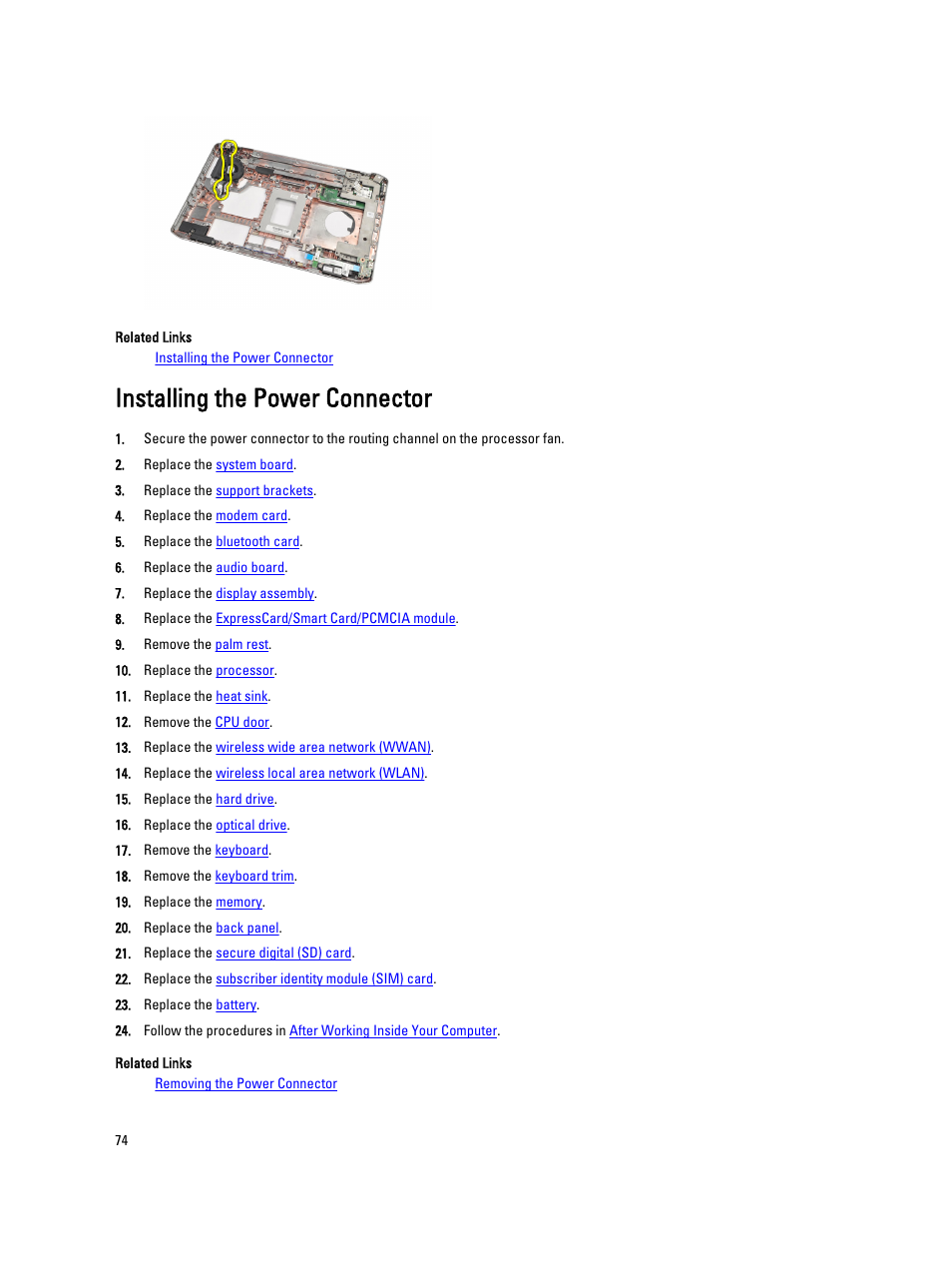 Installing the power connector | Dell Latitude E5520 (Early 2011) User Manual | Page 74 / 111