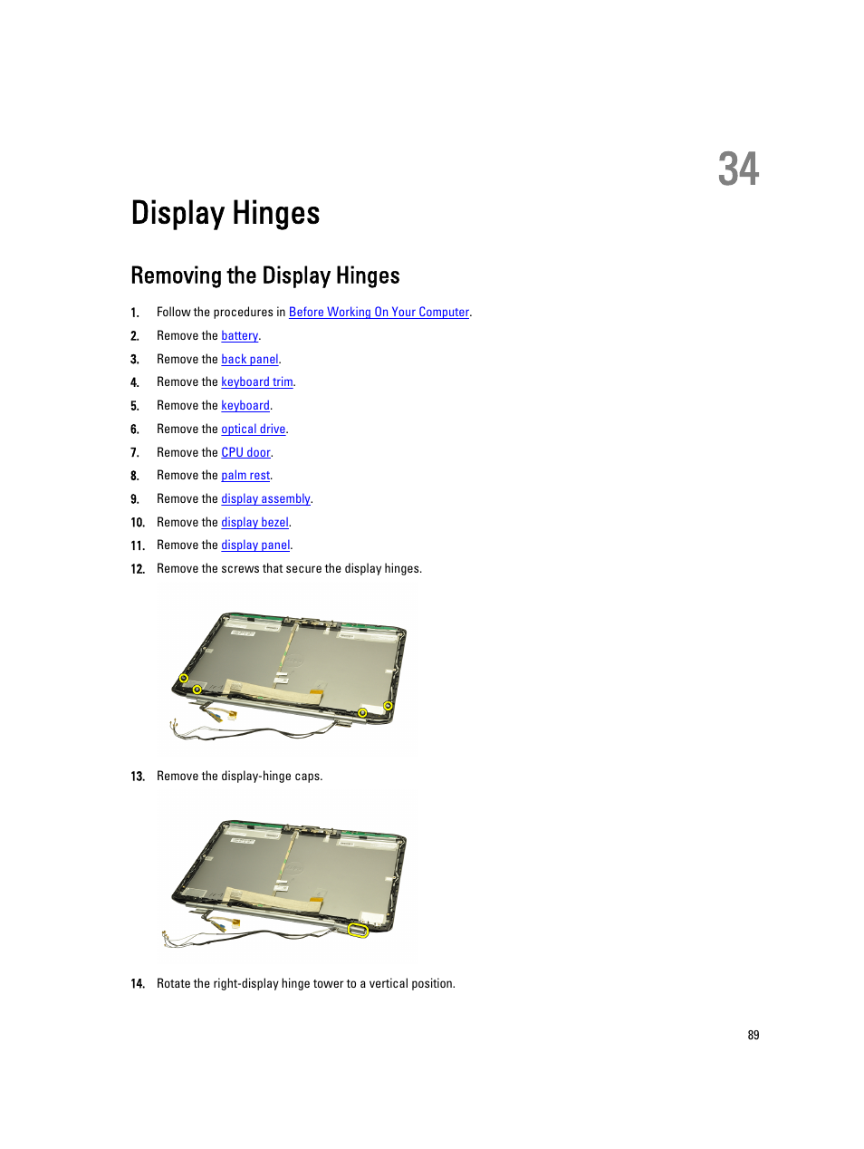 Display hinges, Removing the display hinges, 34 display hinges | Dell Latitude E5520 (Early 2011) User Manual | Page 89 / 111
