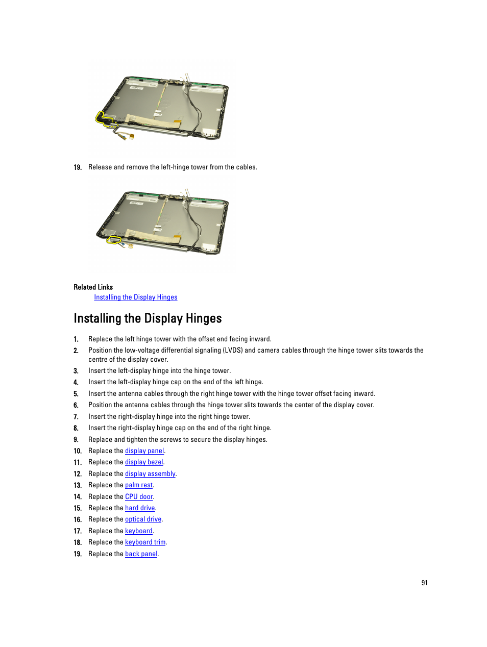 Installing the display hinges | Dell Latitude E5520 (Early 2011) User Manual | Page 91 / 111