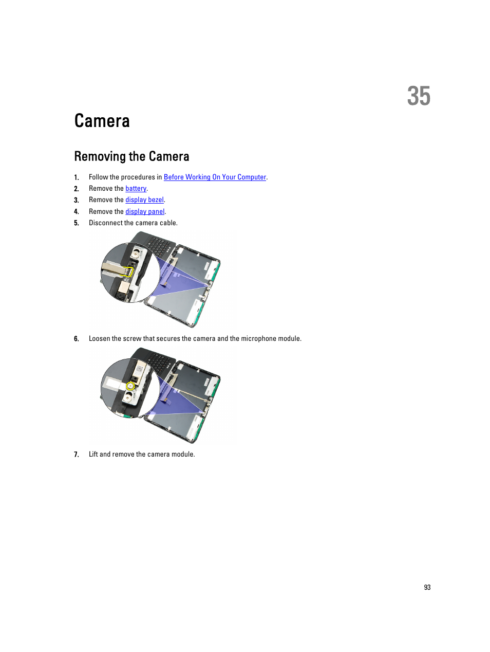 Camera, Removing the camera, 35 camera | Dell Latitude E5520 (Early 2011) User Manual | Page 93 / 111