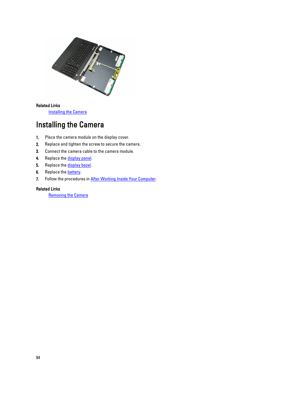 Installing the camera | Dell Latitude E5520 (Early 2011) User Manual | Page 94 / 111