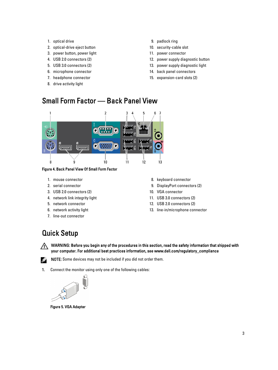 Small form factor — back panel view, Quick setup | Dell OptiPlex XE2 (Mid 2013) User Manual | Page 3 / 6