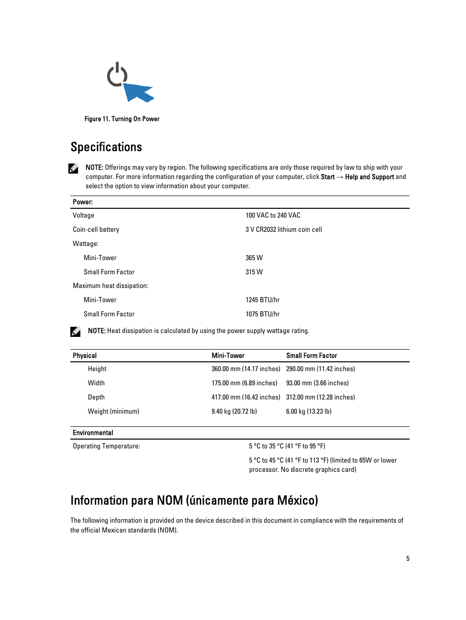 Specifications, Information para nom (únicamente para méxico) | Dell OptiPlex XE2 (Mid 2013) User Manual | Page 5 / 6