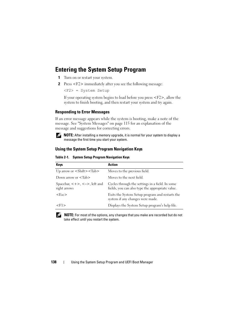 Entering the system setup program, Responding to error messages, Using the system setup program navigation keys | Using the system setup program, Navigation keys | Dell PowerEdge M710 User Manual | Page 138 / 368
