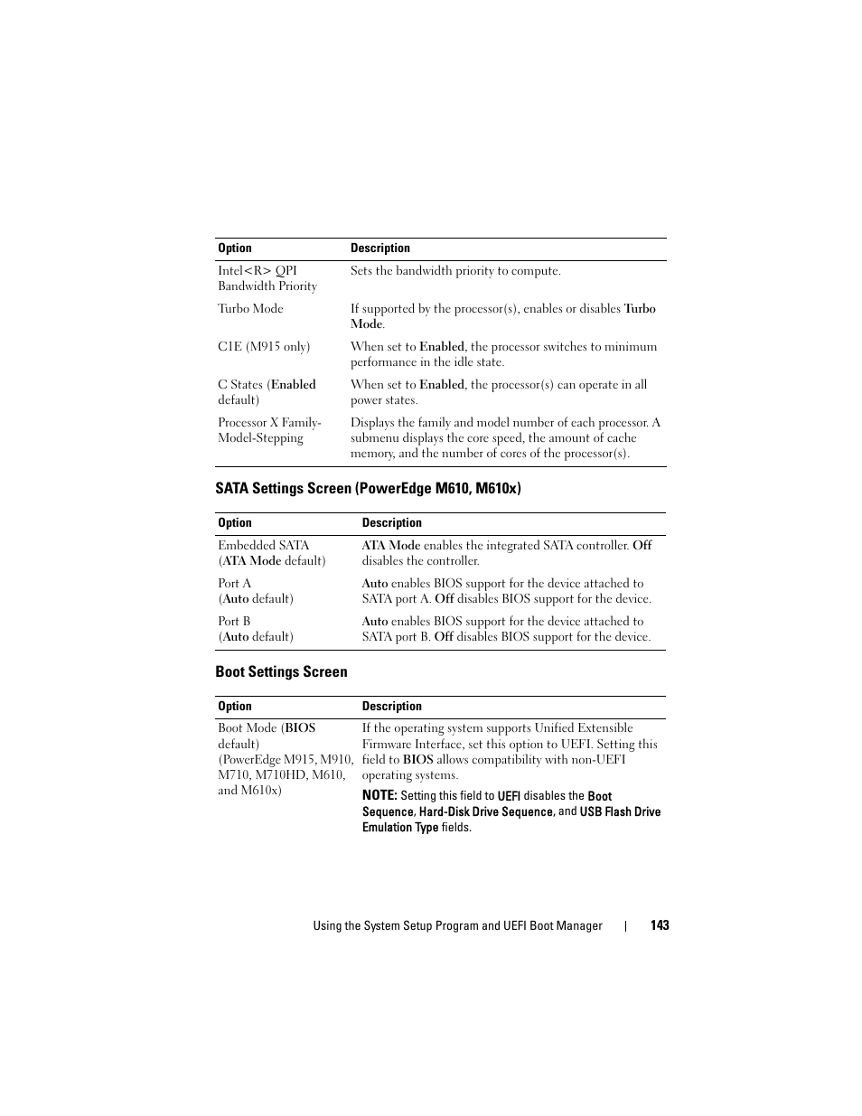 Sata settings screen (poweredge m610, m610x), Boot settings screen, Sata settings screen (poweredge | M610, m610x) | Dell PowerEdge M710 User Manual | Page 143 / 368