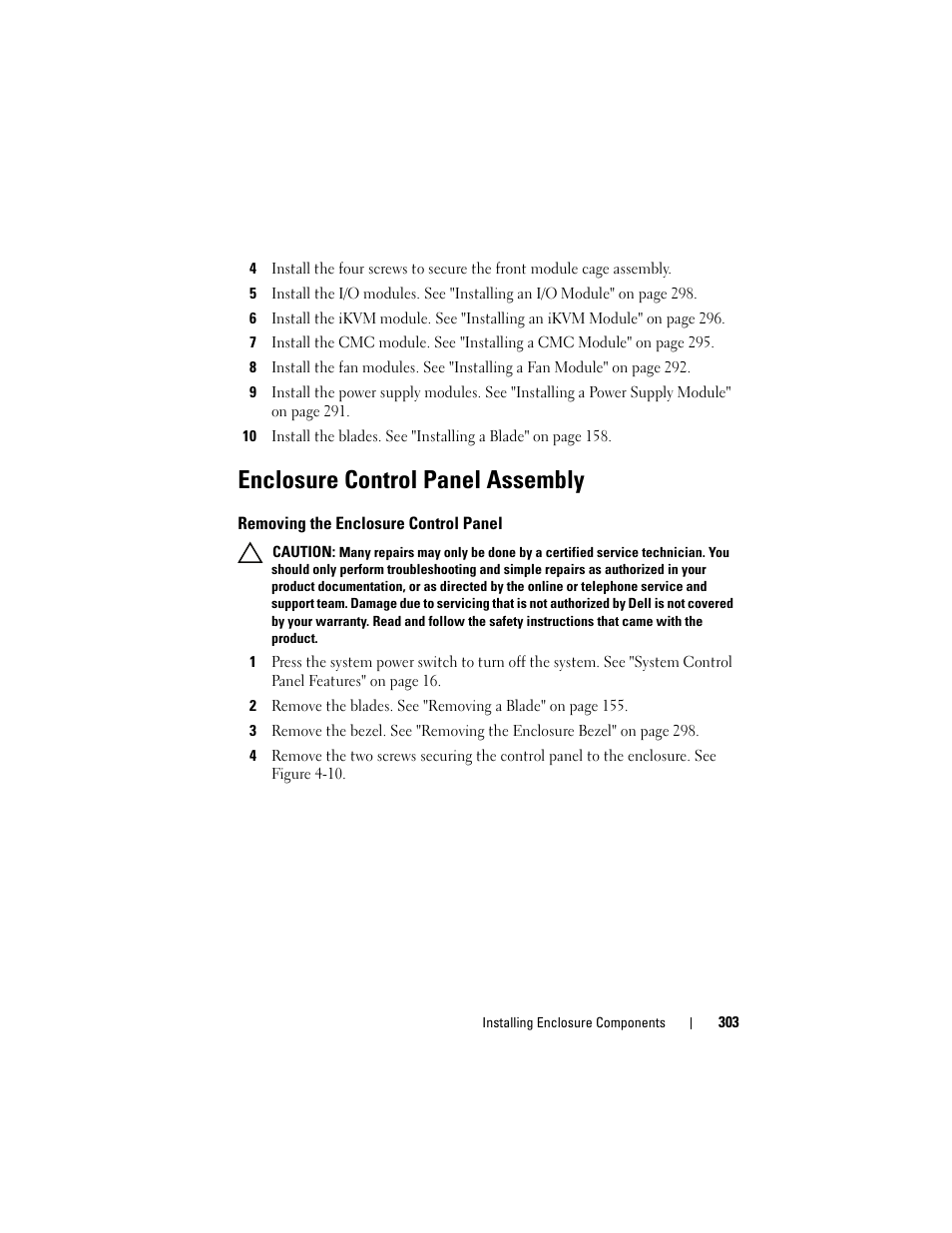 Enclosure control panel assembly, Removing the enclosure control panel | Dell PowerEdge M710 User Manual | Page 303 / 368