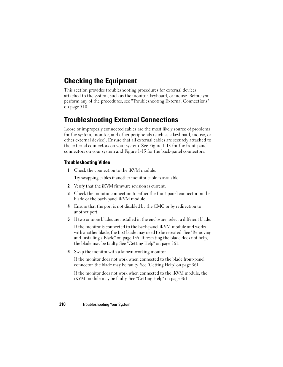 Checking the equipment, Troubleshooting external connections, Troubleshooting video | Dell PowerEdge M710 User Manual | Page 310 / 368