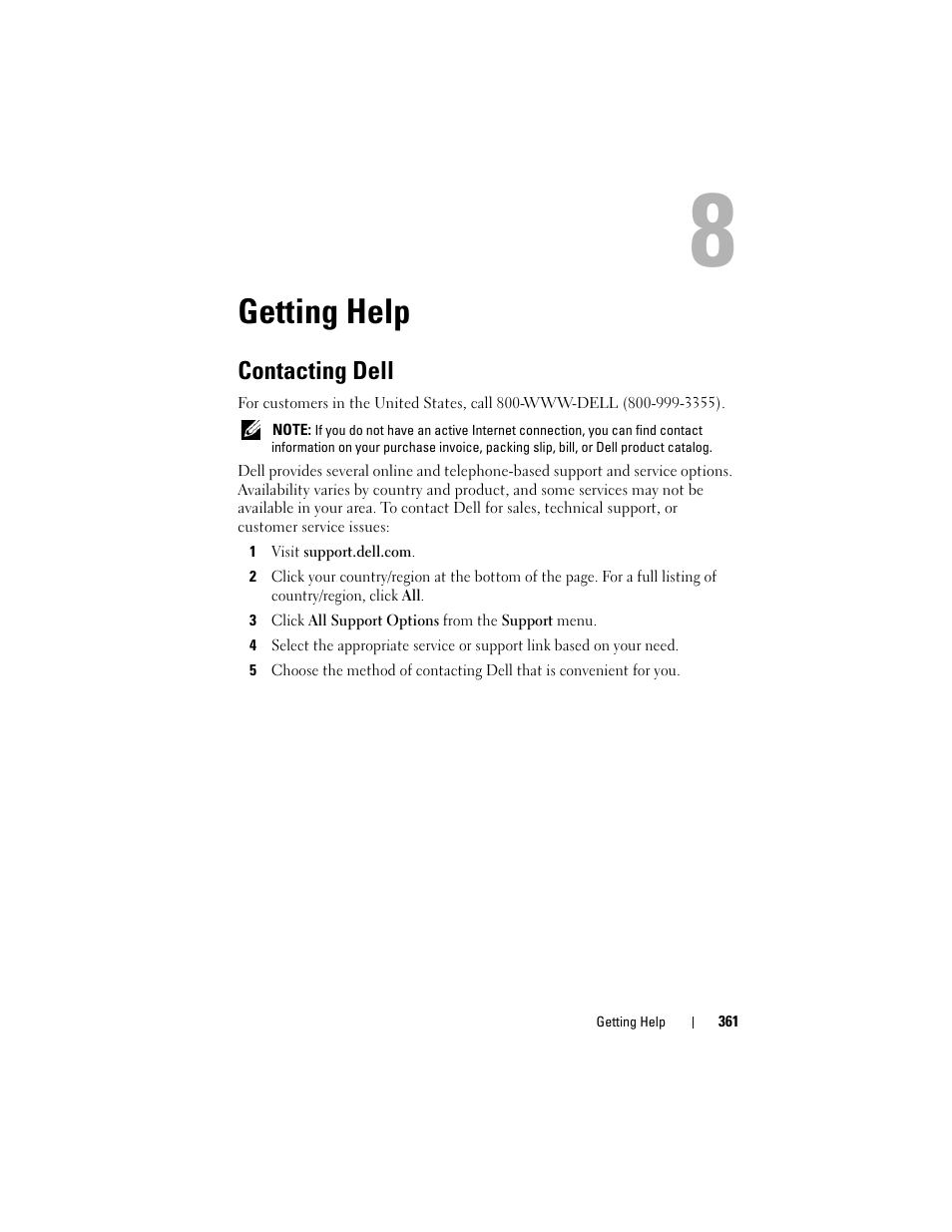Getting help, Contacting dell, Getting | See "getting help" on, E "getting help" on, Getting help" on, Blade, see "getting help" on, See "getting help | Dell PowerEdge M710 User Manual | Page 361 / 368