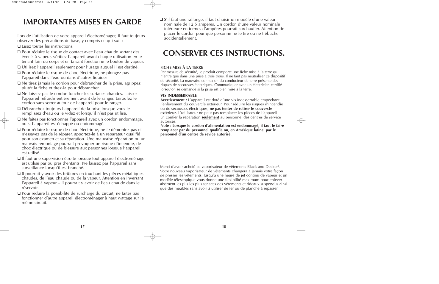 Importantes mises en garde, Conserver ces instructions | Black & Decker GSR10 User Manual | Page 10 / 17
