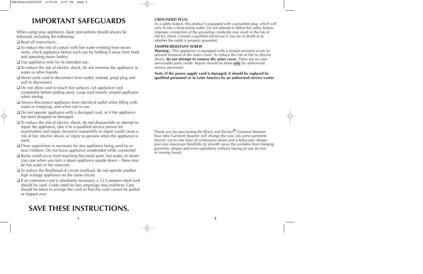 Important safeguards save these instructions | Black & Decker GSR10 User Manual | Page 2 / 17