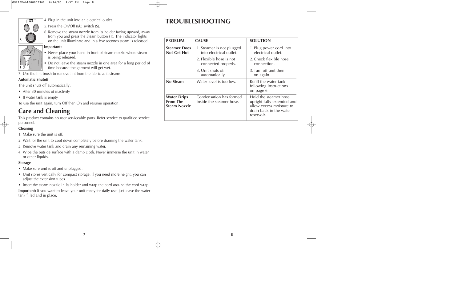 Care and cleaning, Troubleshooting | Black & Decker GSR10 User Manual | Page 5 / 17