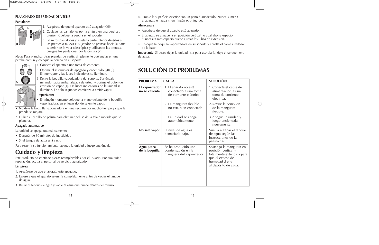 Cuidado y limpieza, Solución de problemas | Black & Decker GSR10 User Manual | Page 9 / 17