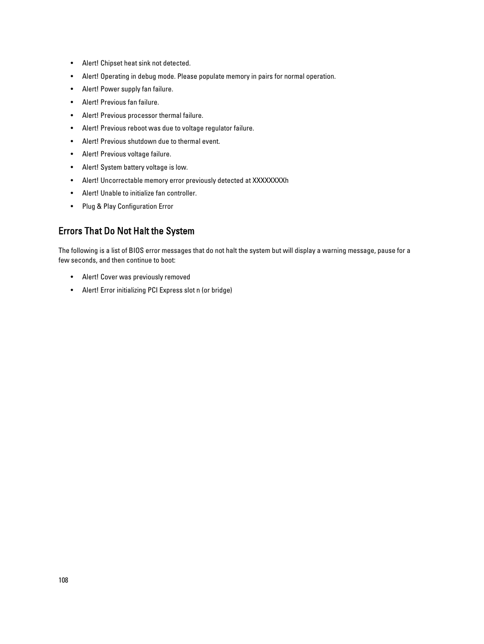 Errors that do not halt the system | Dell Precision R7610 (Mid 2013) User Manual | Page 108 / 123