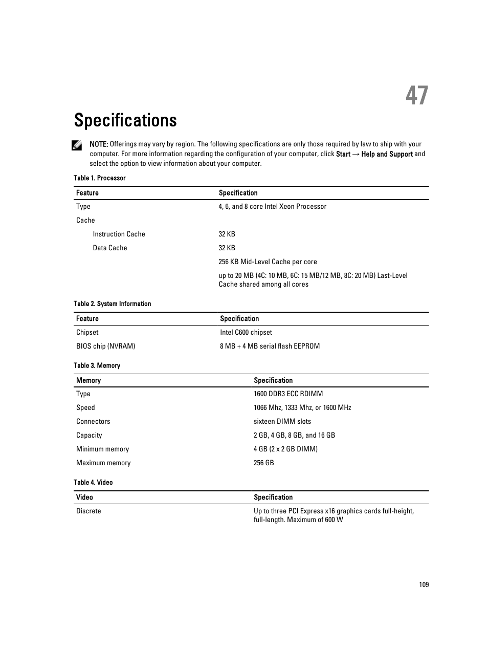 Specifications, 47 specifications | Dell Precision R7610 (Mid 2013) User Manual | Page 109 / 123